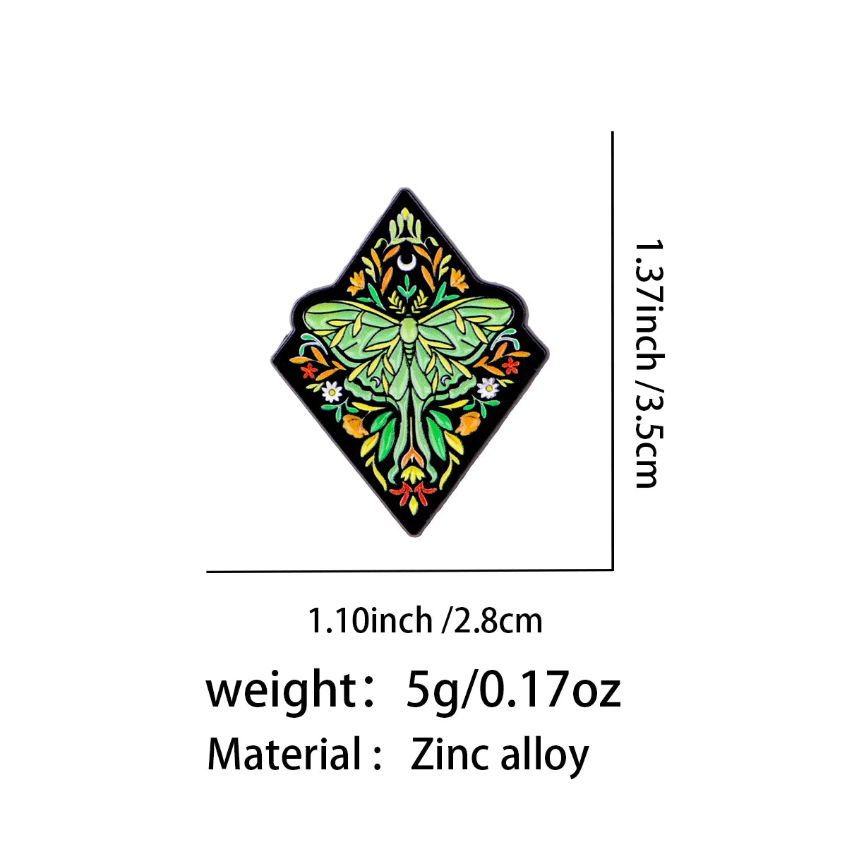 Green Moth Botanical Diamond Pin - size and dimensions