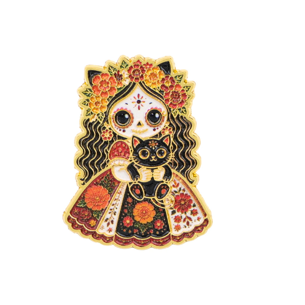 Floral Sugar Skull Girl Enamel Pin Mexican Skeleton Brooch Lapel Pins Badge on Backpack Fashion Jewelry Holiday Gifts