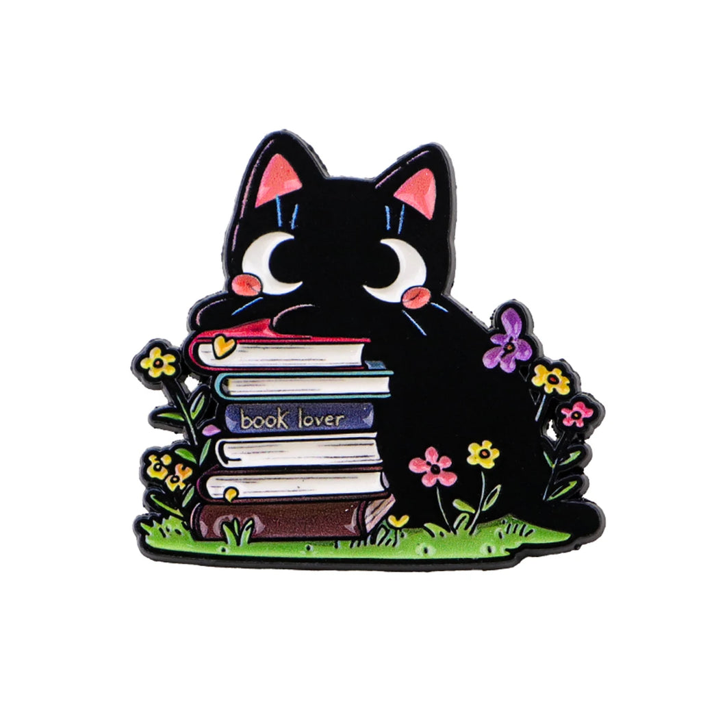 Black Cat on a Stack of Books Pin