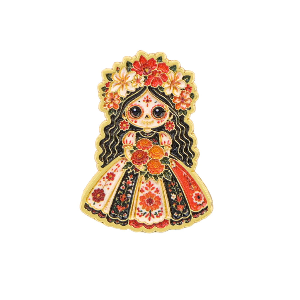 Floral Sugar Skull Girl Enamel Pin Mexican Skeleton Brooch Lapel Pins Badge on Backpack Fashion Jewelry Holiday Gifts