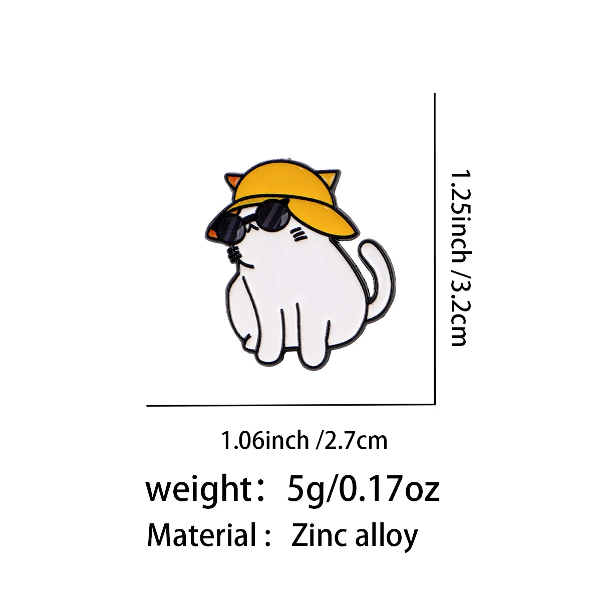 Cool White Cat in a Yellow Hat Pin - size and dimensions