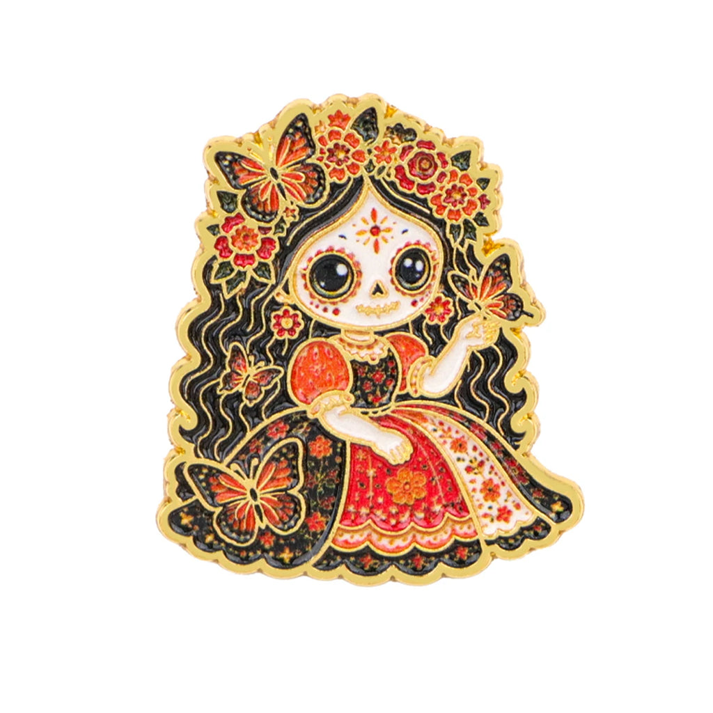 Floral Sugar Skull Girl Enamel Pin Mexican Skeleton Brooch Lapel Pins Badge on Backpack Fashion Jewelry Holiday Gifts