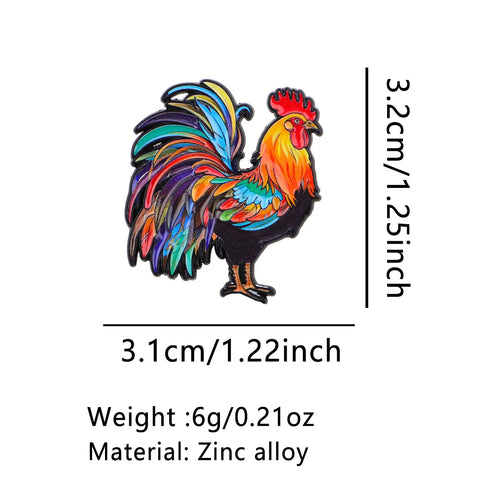 Colourful Rainbow Rooster Pin - size and dimensions