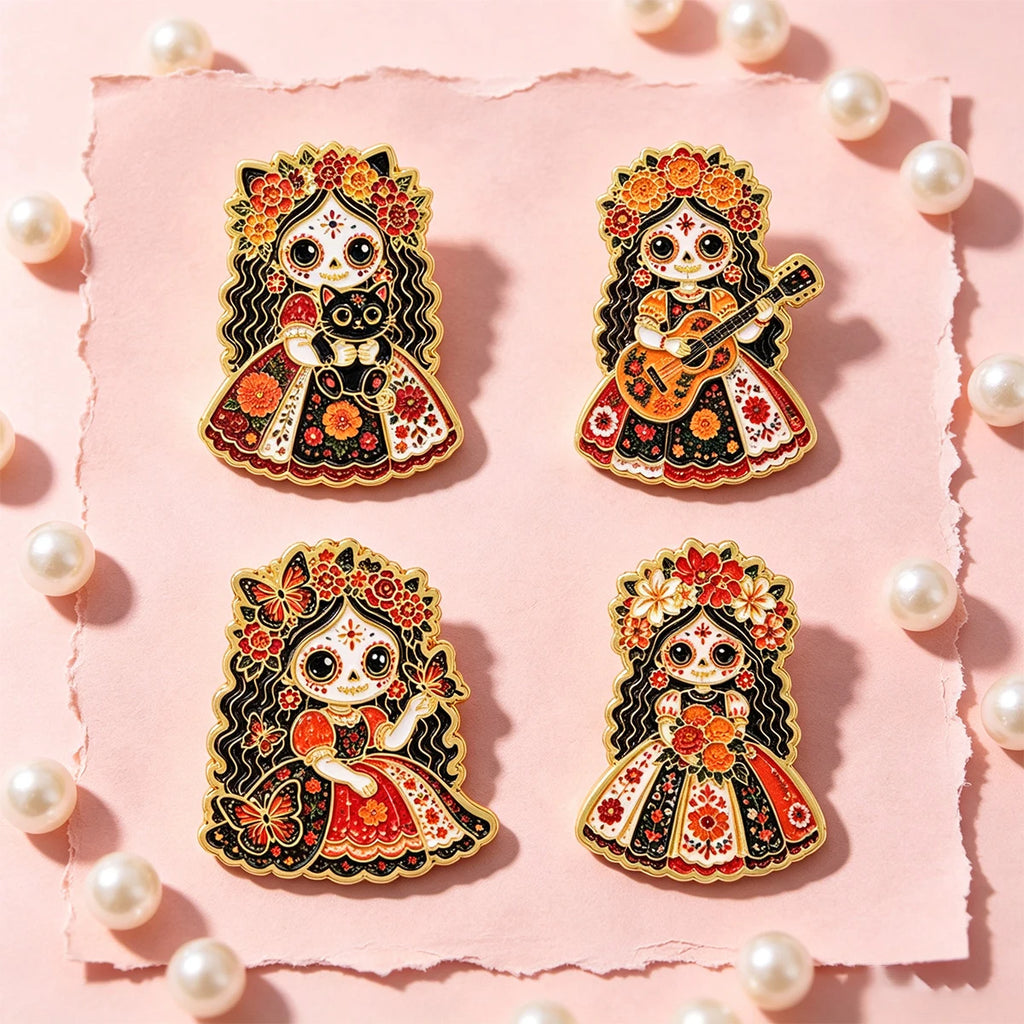 Floral Sugar Skull Girl Enamel Pin Mexican Skeleton Brooch Lapel Pins Badge on Backpack Fashion Jewelry Holiday Gifts