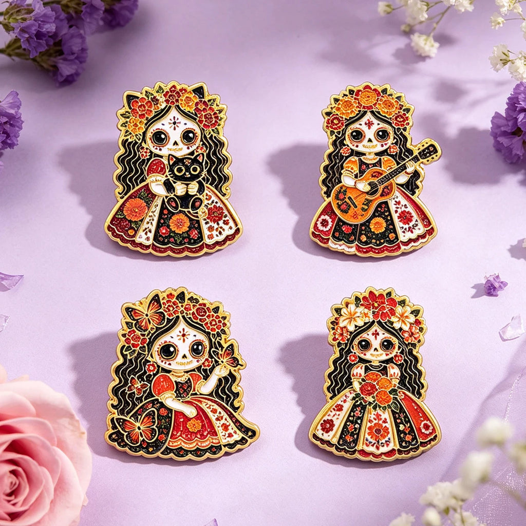 Floral Sugar Skull Girl Enamel Pin Mexican Skeleton Brooch Lapel Pins Badge on Backpack Fashion Jewelry Holiday Gifts
