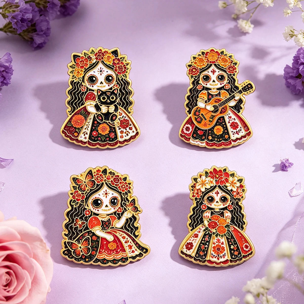 Floral Sugar Skull Girl Enamel Pin Mexican Skeleton Brooch Lapel Pins Badge on Backpack Fashion Jewelry Holiday Gifts