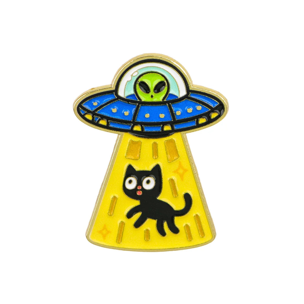 Alien UFO Abducting a Black Cat Pin