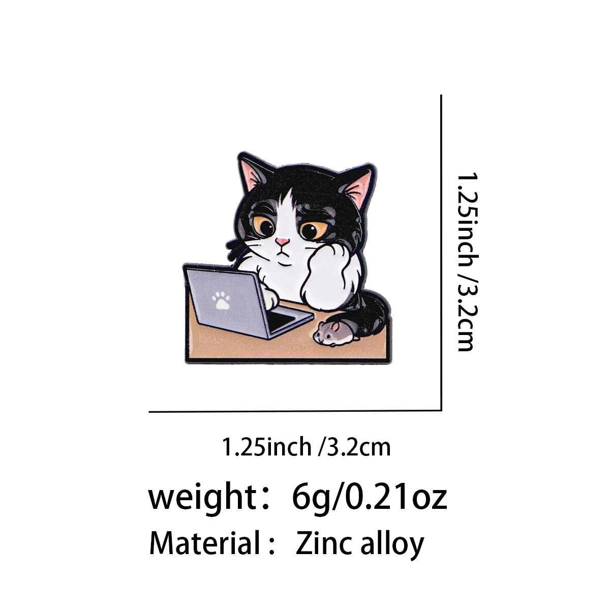 Black and White Cat at a Laptop Pin - size and dimensions
