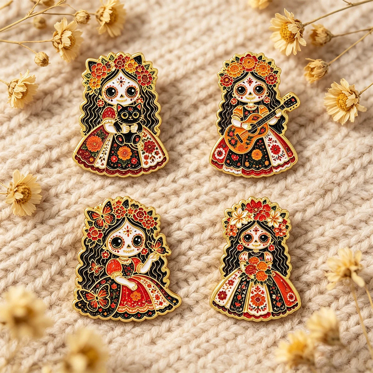 Floral Sugar Skull Girl Enamel Pin Mexican Skeleton Brooch Lapel Pins Badge on Backpack Fashion Jewelry Holiday Gifts