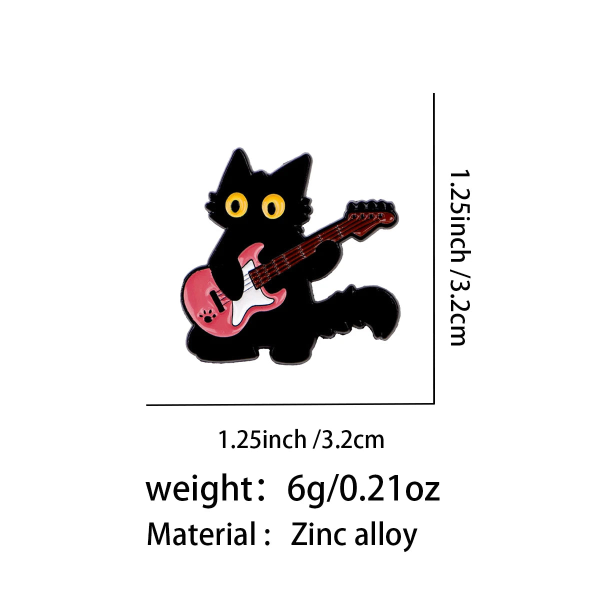 Black Cat with a Pink Guitar Pin - size and dimensions