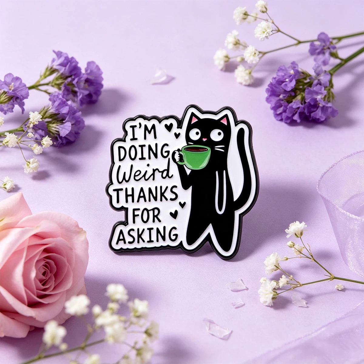 Black Cat Enamel Pin Cute I'M DOING WEIRD THANKS FOR ASKING Brooch Lapel Pins Badge on Backpack Fashion Jewelry Friends Gifts
