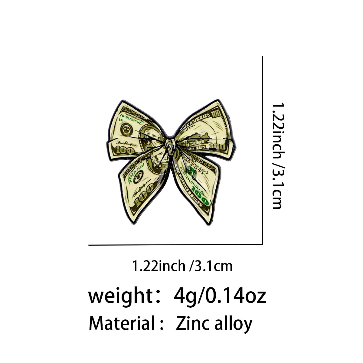 Dollar Bill Bow Pin - size and dimensions