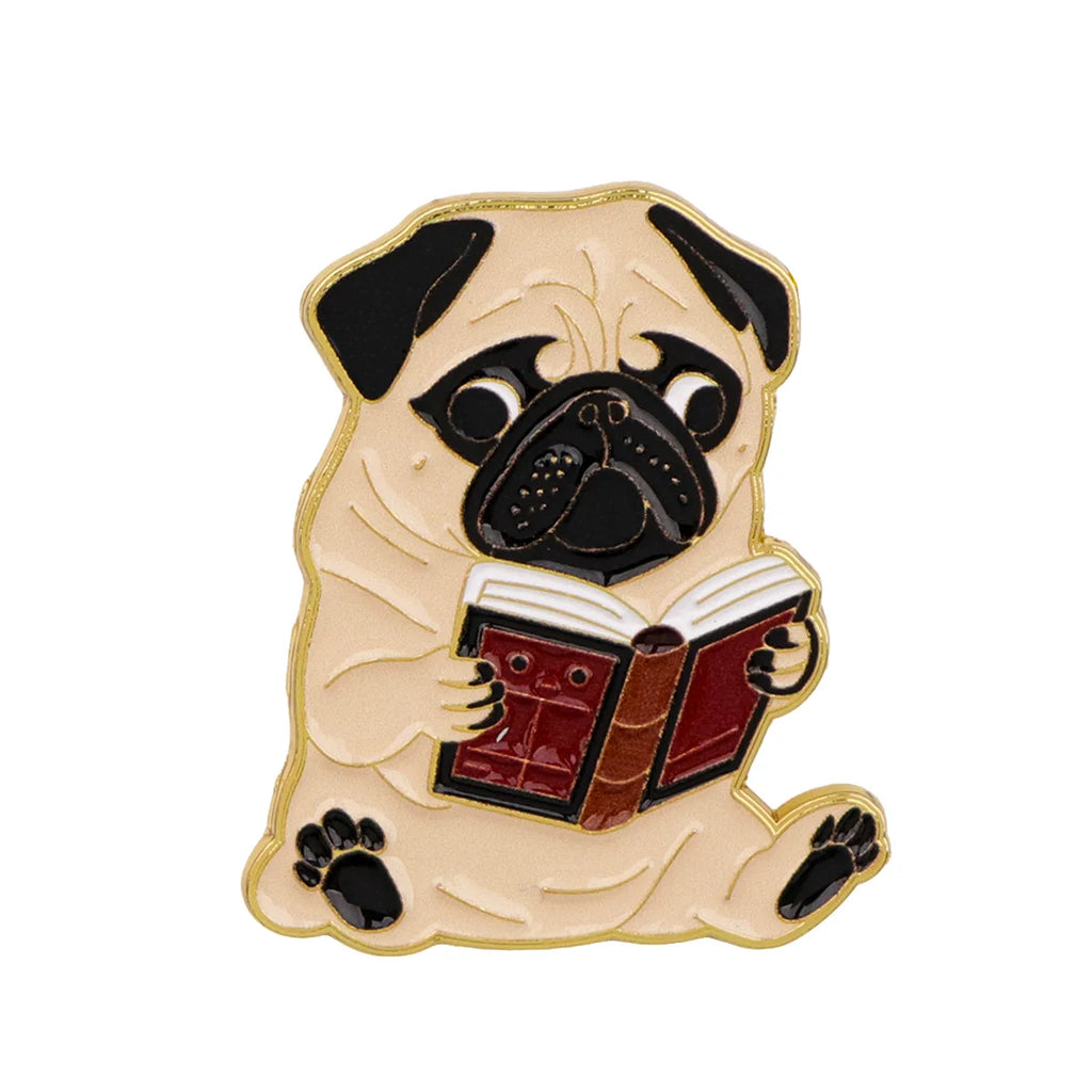 Pug Dog Reading Book Pin