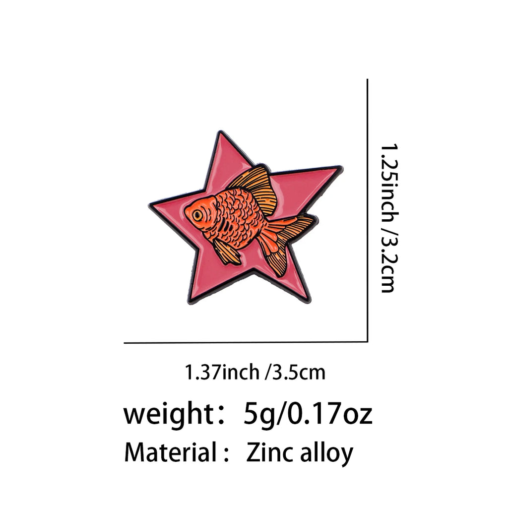 Goldfish on a Pink Star Pin - size and dimensions