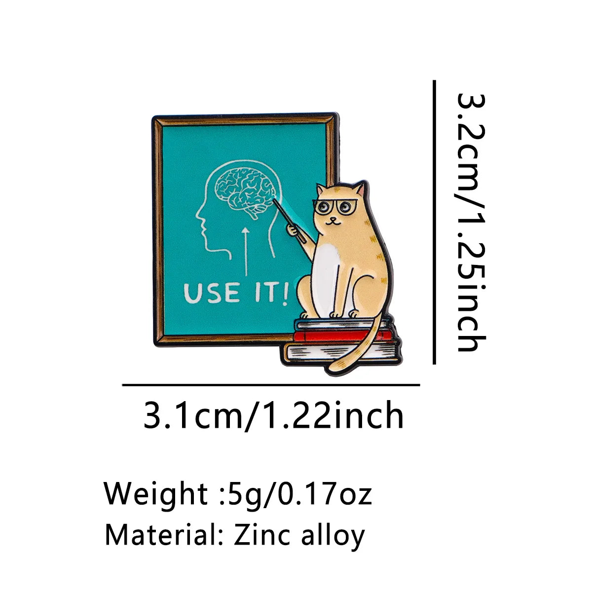 Use It Brain Blackboard Cat Pin - size and dimensions