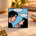 Save Me JPG or PDF enamel pin on a warmly lit creative desk