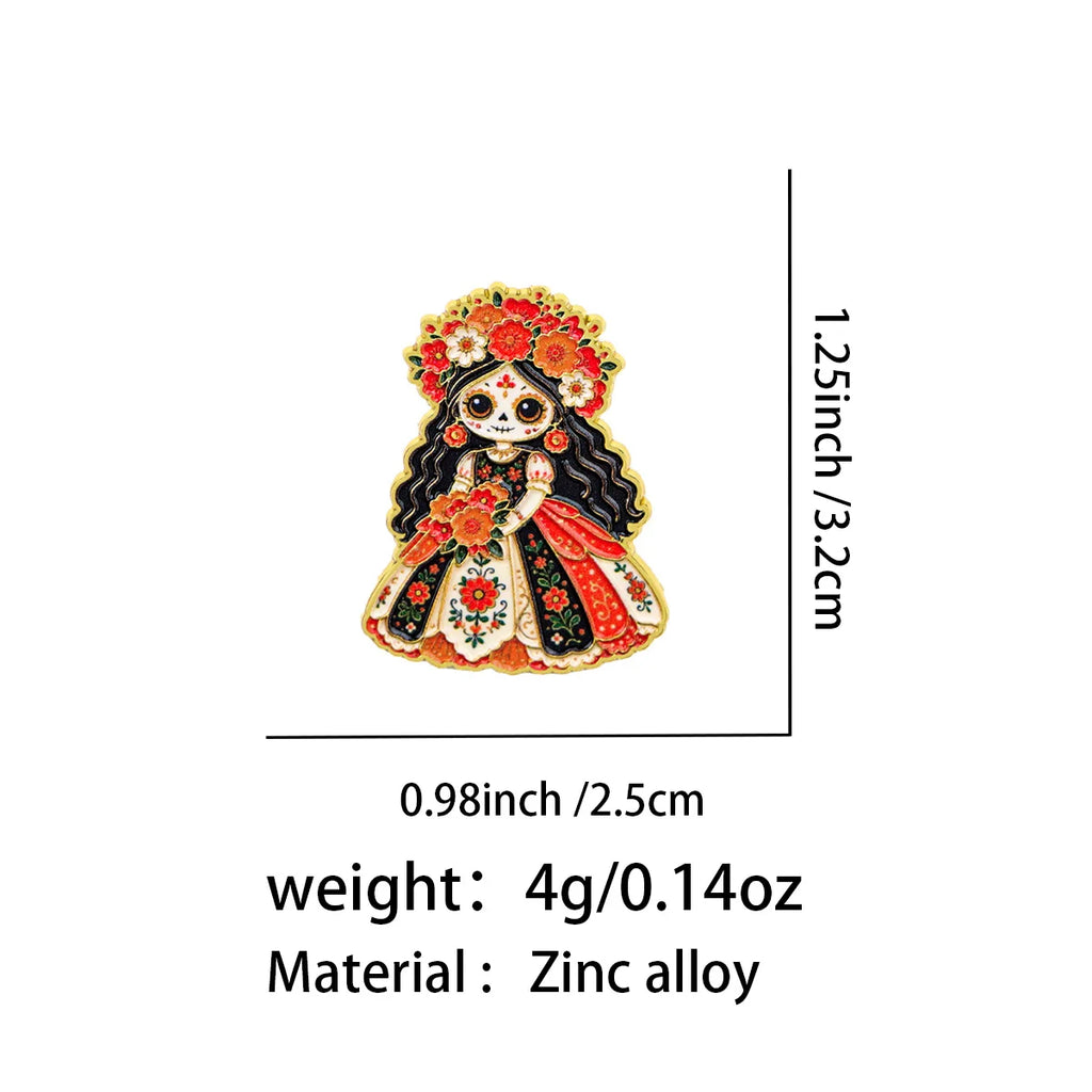 Anstecker "Zuckerschädel-Mädchen mit Blumen"