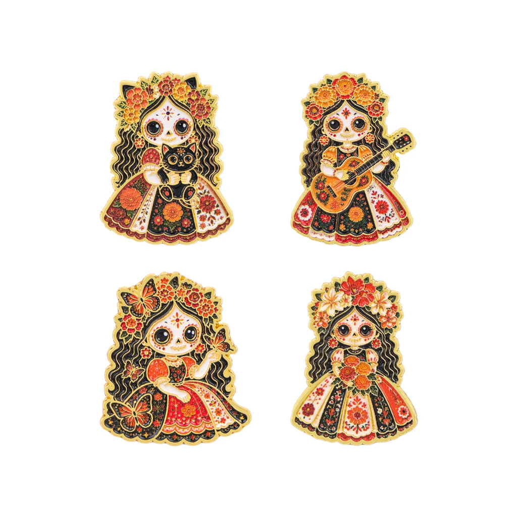 Floral Sugar Skull Girl Enamel Pin Mexican Skeleton Brooch Lapel Pins Badge on Backpack Fashion Jewelry Holiday Gifts