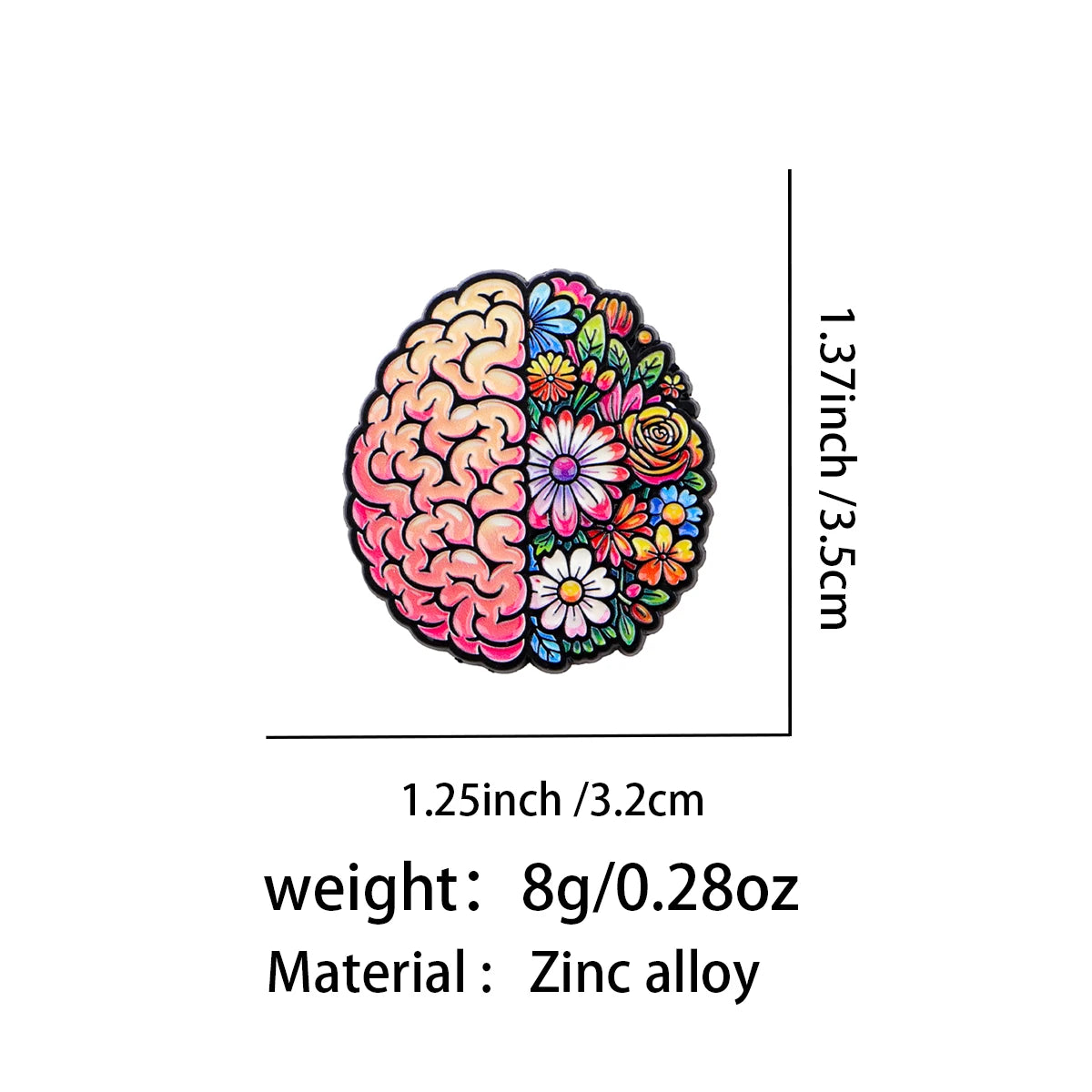 Half Brain Half Flowers Pin - size and dimensions