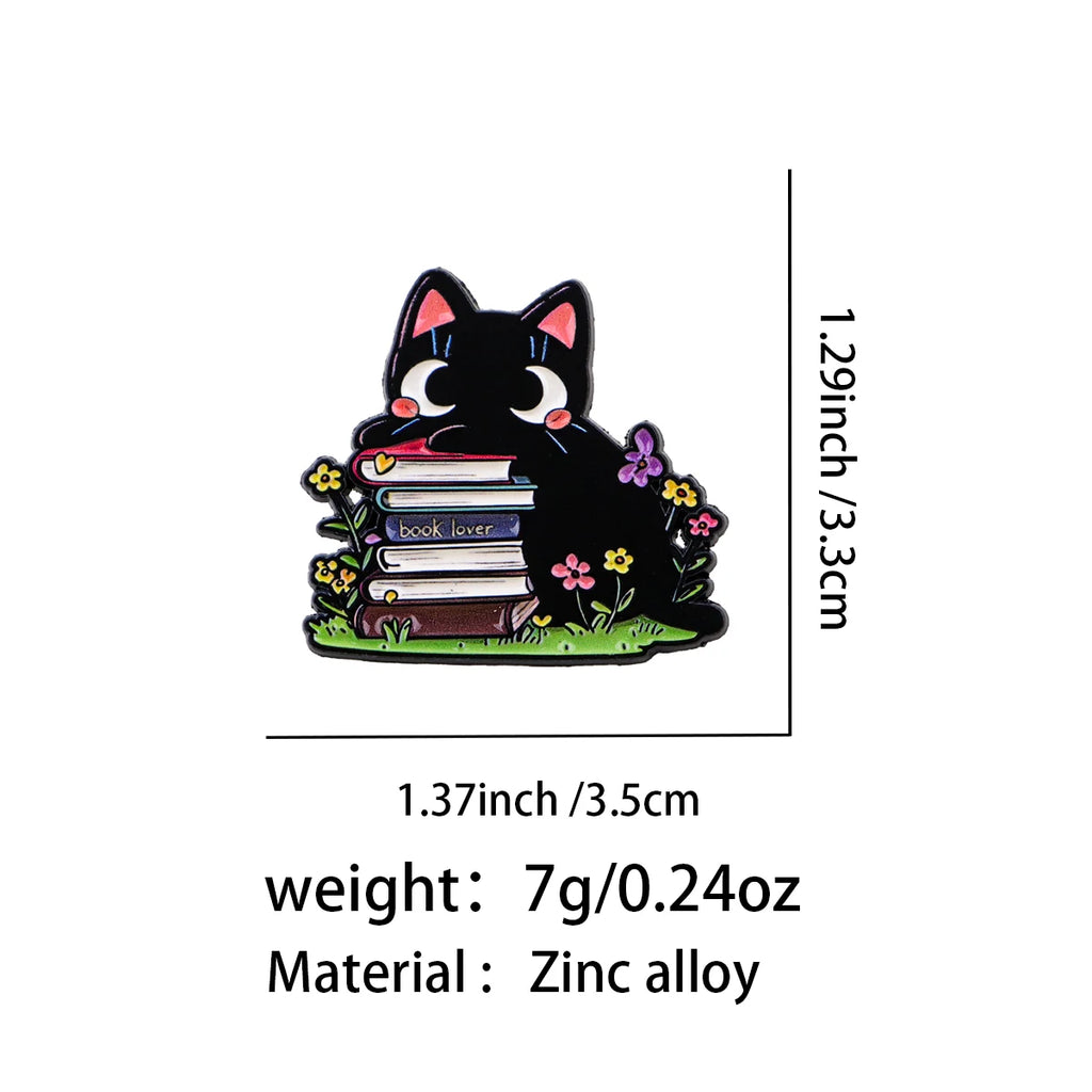 Black Cat on a Stack of Books Pin - size and dimensions