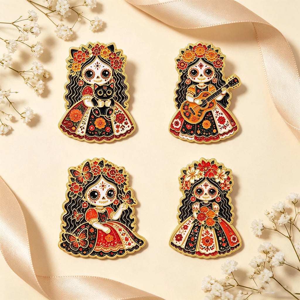 Floral Sugar Skull Girl Enamel Pin Mexican Skeleton Brooch Lapel Pins Badge on Backpack Fashion Jewelry Holiday Gifts
