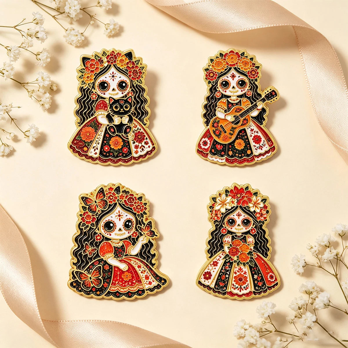 Floral Sugar Skull Girl Enamel Pin Mexican Skeleton Brooch Lapel Pins Badge on Backpack Fashion Jewelry Holiday Gifts