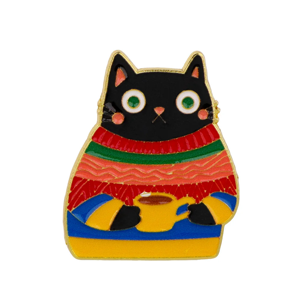 Knit Sweater Coffee Black Cat Pin