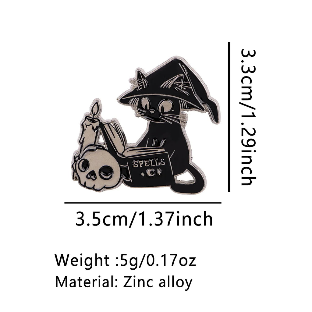 Black Cat with a Spell Book Pin - size and dimensions