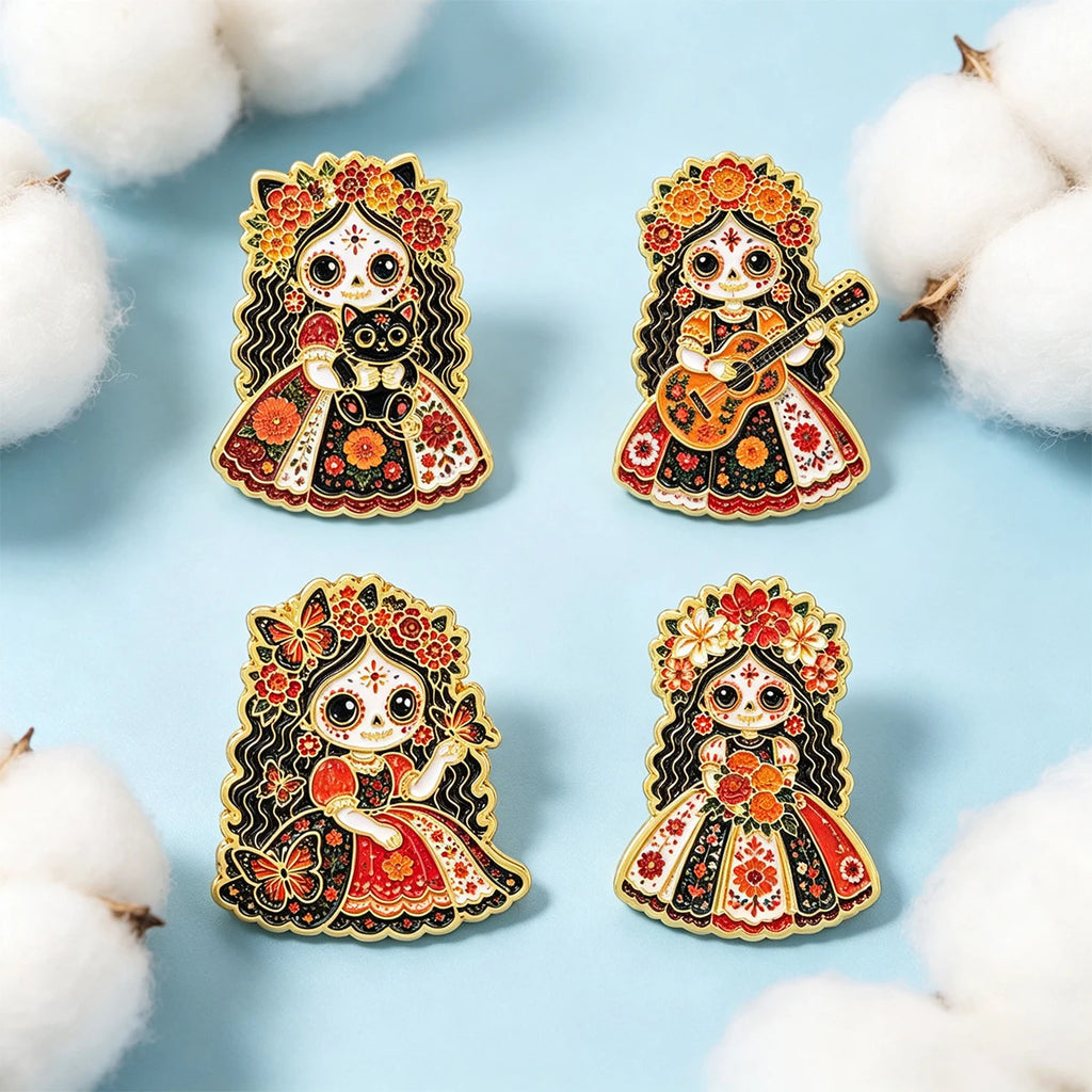 Floral Sugar Skull Girl Enamel Pin Mexican Skeleton Brooch Lapel Pins Badge on Backpack Fashion Jewelry Holiday Gifts