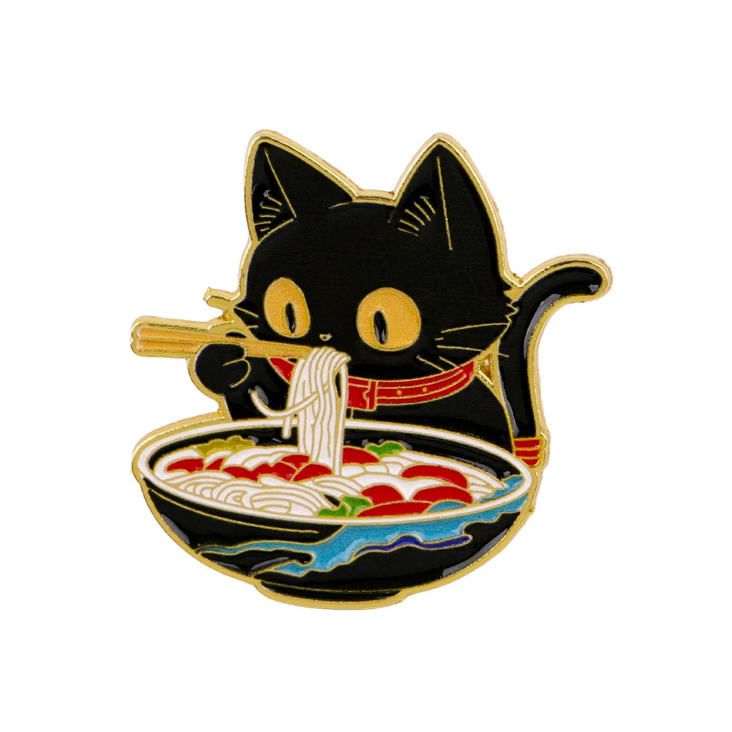 Japanese Black Cat Eating Noodles Pin