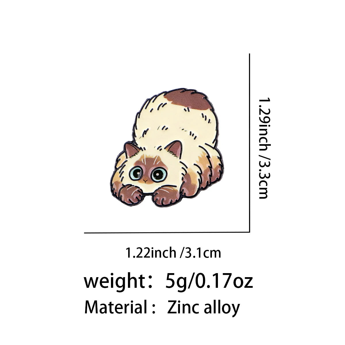 Fluffy Stretching Cat Pin - size and dimensions