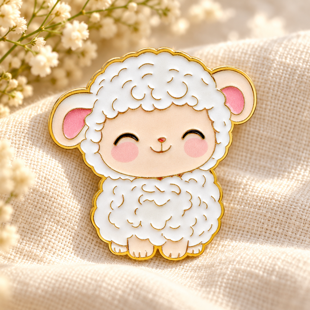 Smiling little lamb enamel pin on soft cream linen