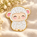 Smiling little lamb enamel pin on soft cream linen