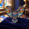 Stained glass style owl enamel pin on dark velvet