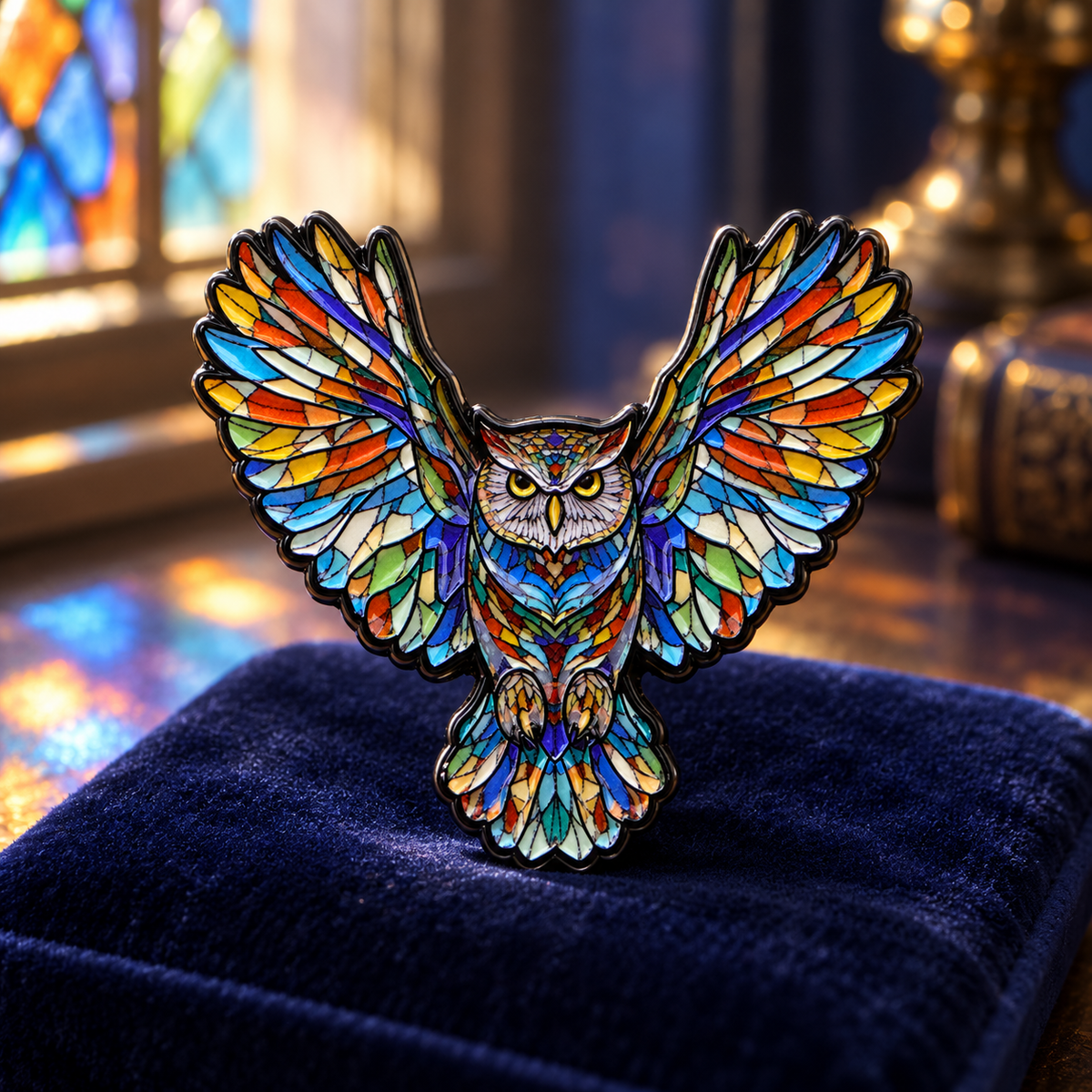 Stained glass style owl enamel pin on dark velvet