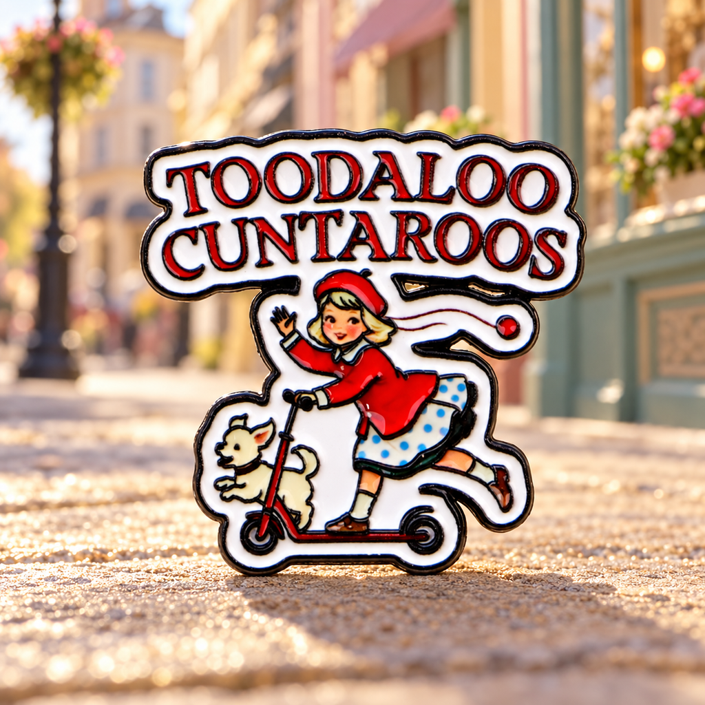 Toodaloo Cuntaroos scooter enamel pin on a warm vintage street background