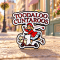 Toodaloo Cuntaroos scooter enamel pin on a warm vintage street background