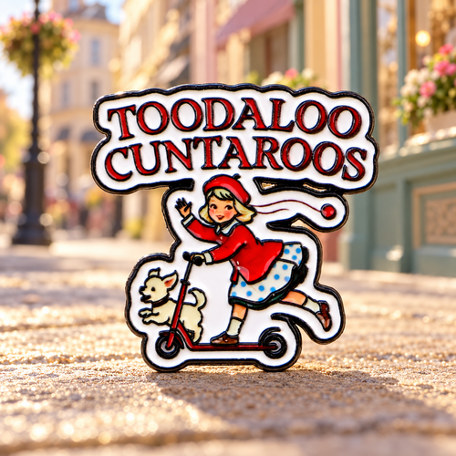 Toodaloo Cuntaroos scooter enamel pin on a warm vintage street background