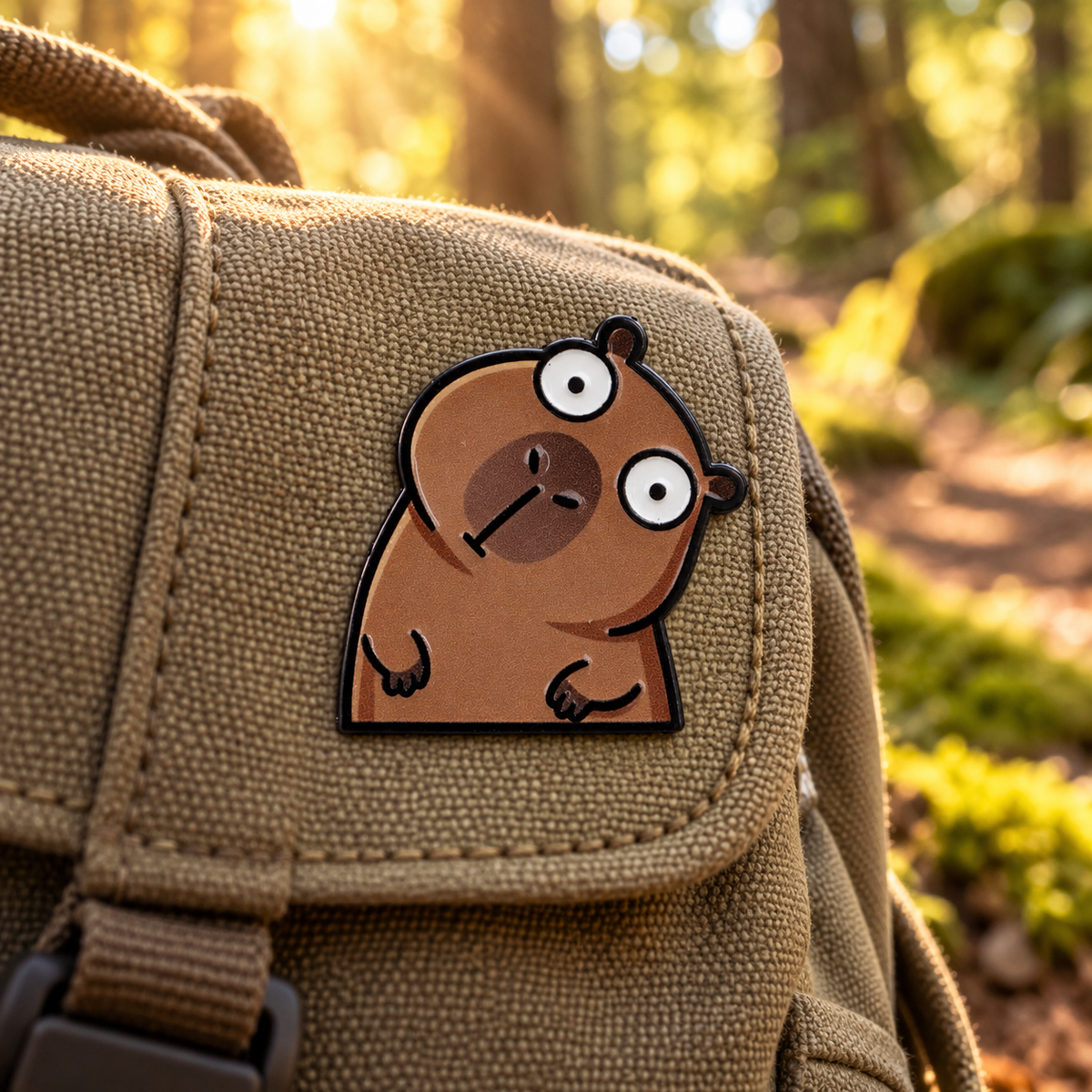 Wide-eyed brown bear enamel pin on a canvas backpack in a sunny forest