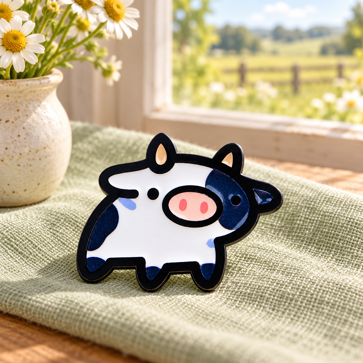 Black and white cow enamel pin on sage linen by a sunny meadow