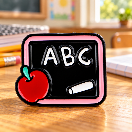 ABC Chalkboard and Apple Teacher enamel pin on a classroom desk