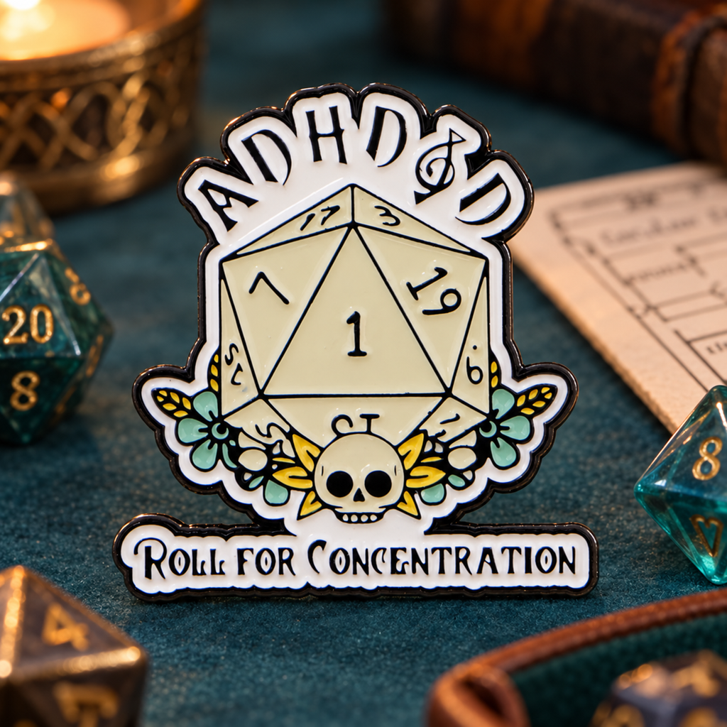 ADHD Roll For Concentration pin in a tabletop gaming scene