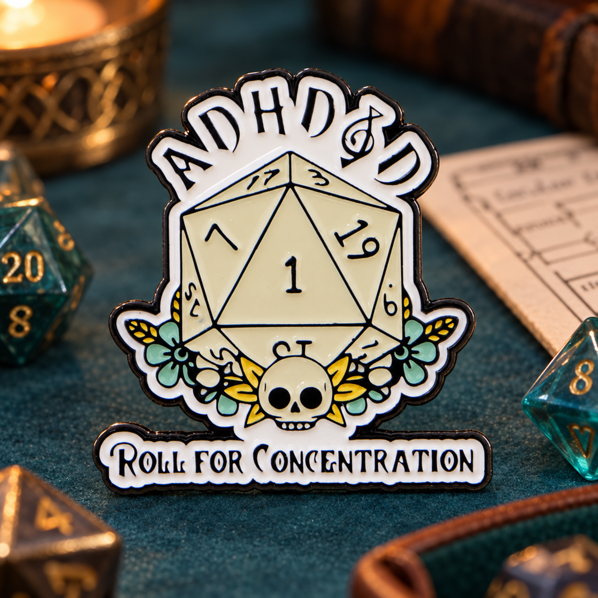 ADHD Roll For Concentration pin in a tabletop gaming scene