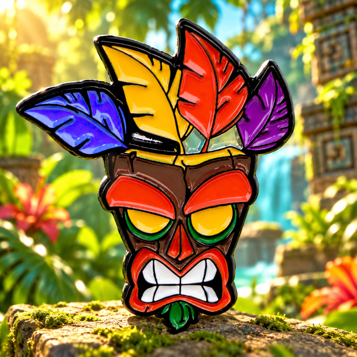 Aku Aku enamel pin in a colorful jungle
