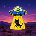 Alien UFO Abducting a Black Cat enamel pin against a starry desert twilight