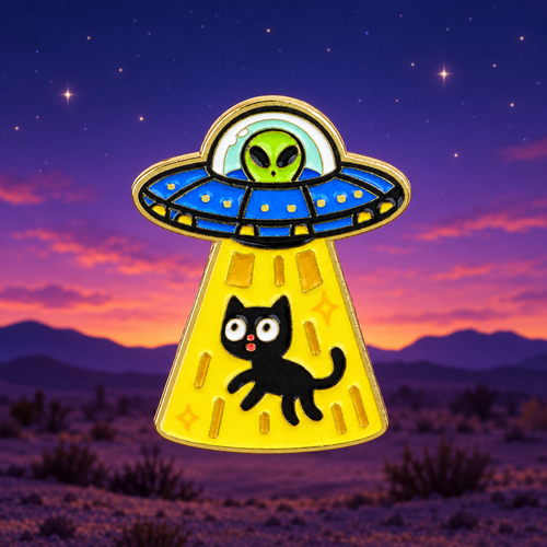 Alien UFO Abducting a Black Cat enamel pin against a starry desert twilight