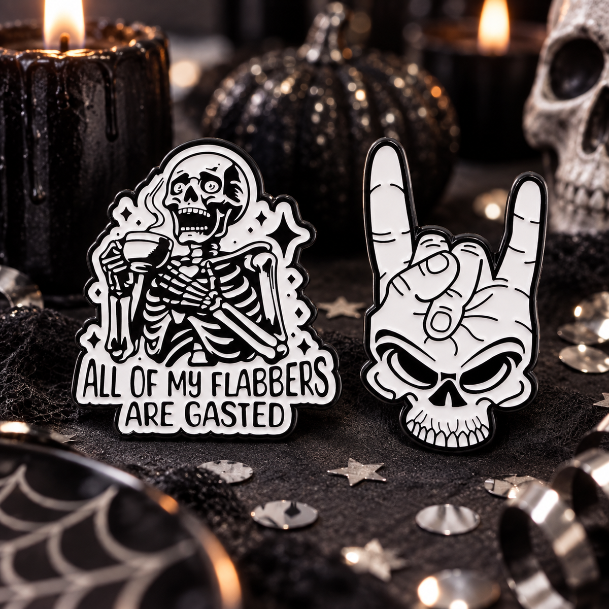 "All Of My Flabbers Are Gasted" Skeleton Pin enamel pin on a themed background