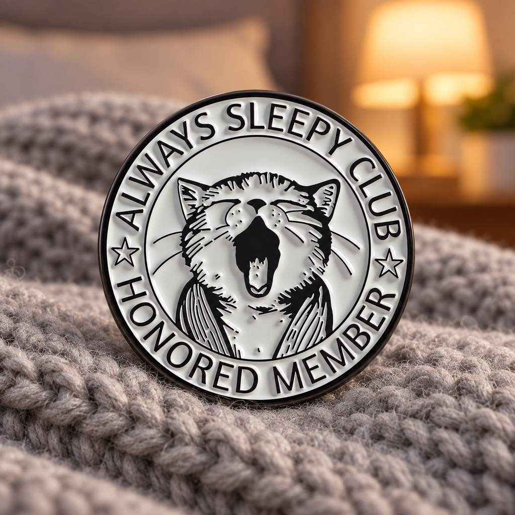 Always Sleepy Club Honored Member Cat Pin — styled product photo
