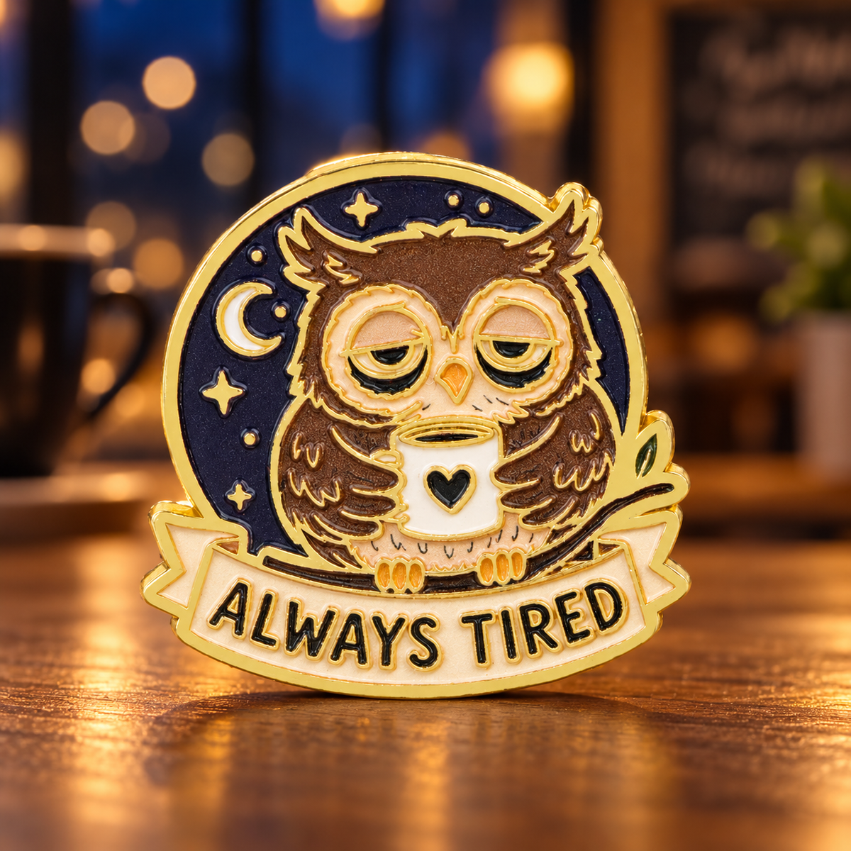 Always Tired Coffee Owl enamel pin in a cozy late-night café