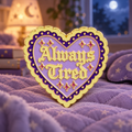 Always Tired Purple Heart enamel pin in a dreamy moonlit bedroom